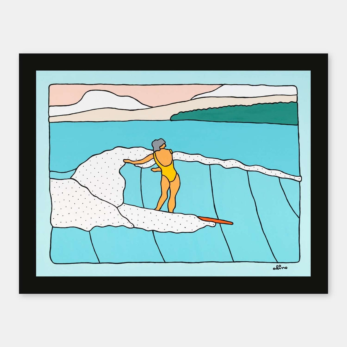 Nalu Holo surf art print by Alimo in black wood frame, traveling waves and open water motion. Ocean wall art for coastal home decor.