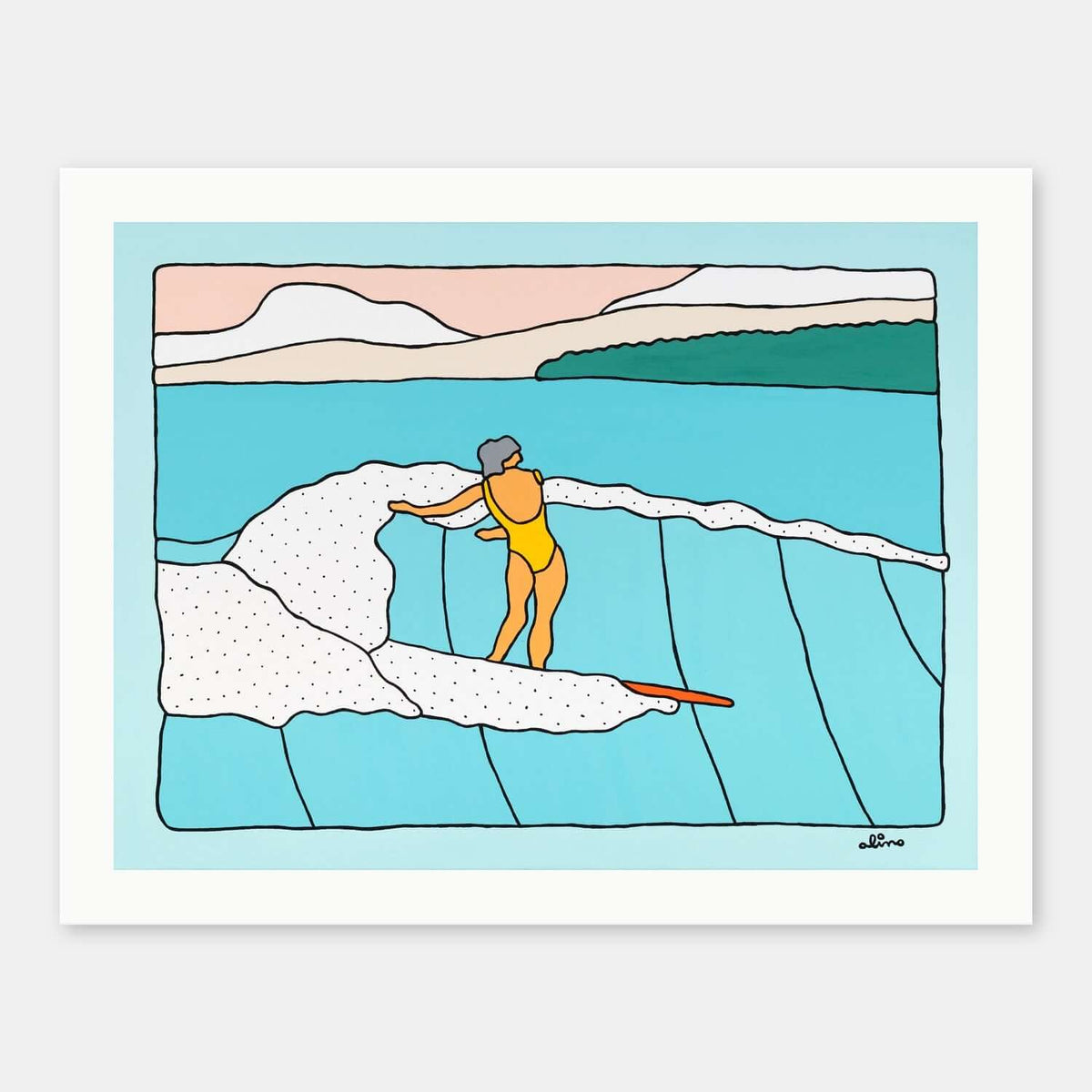 Nalu Holo surf art print by Alimo in white wood frame, traveling waves and open water motion. Ocean wall art for coastal home decor.
