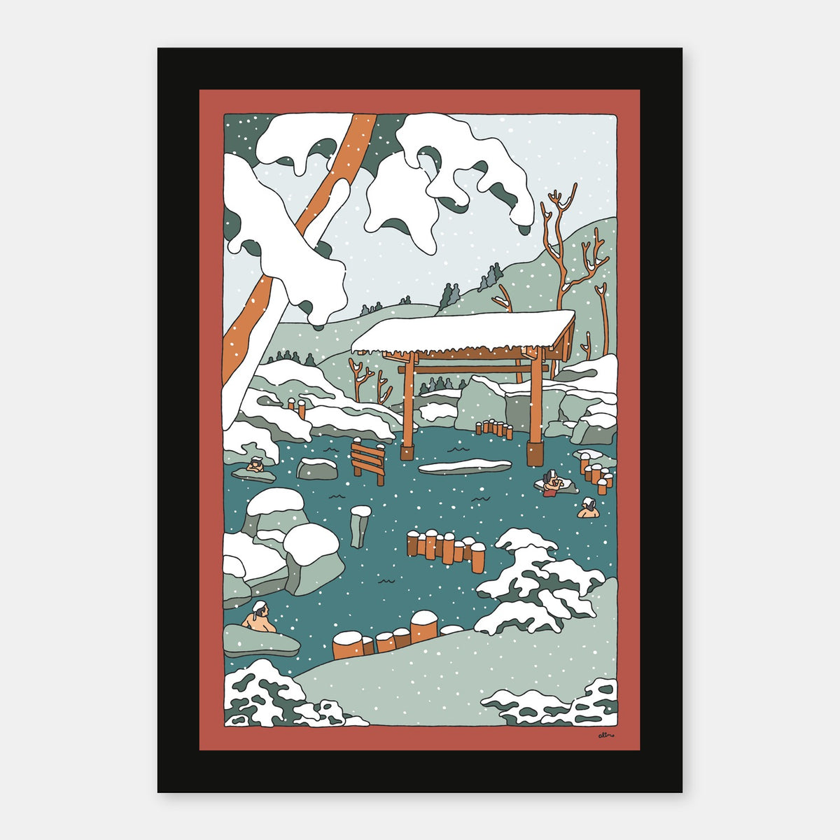 Onsen Alimo art print in a black wood frame
