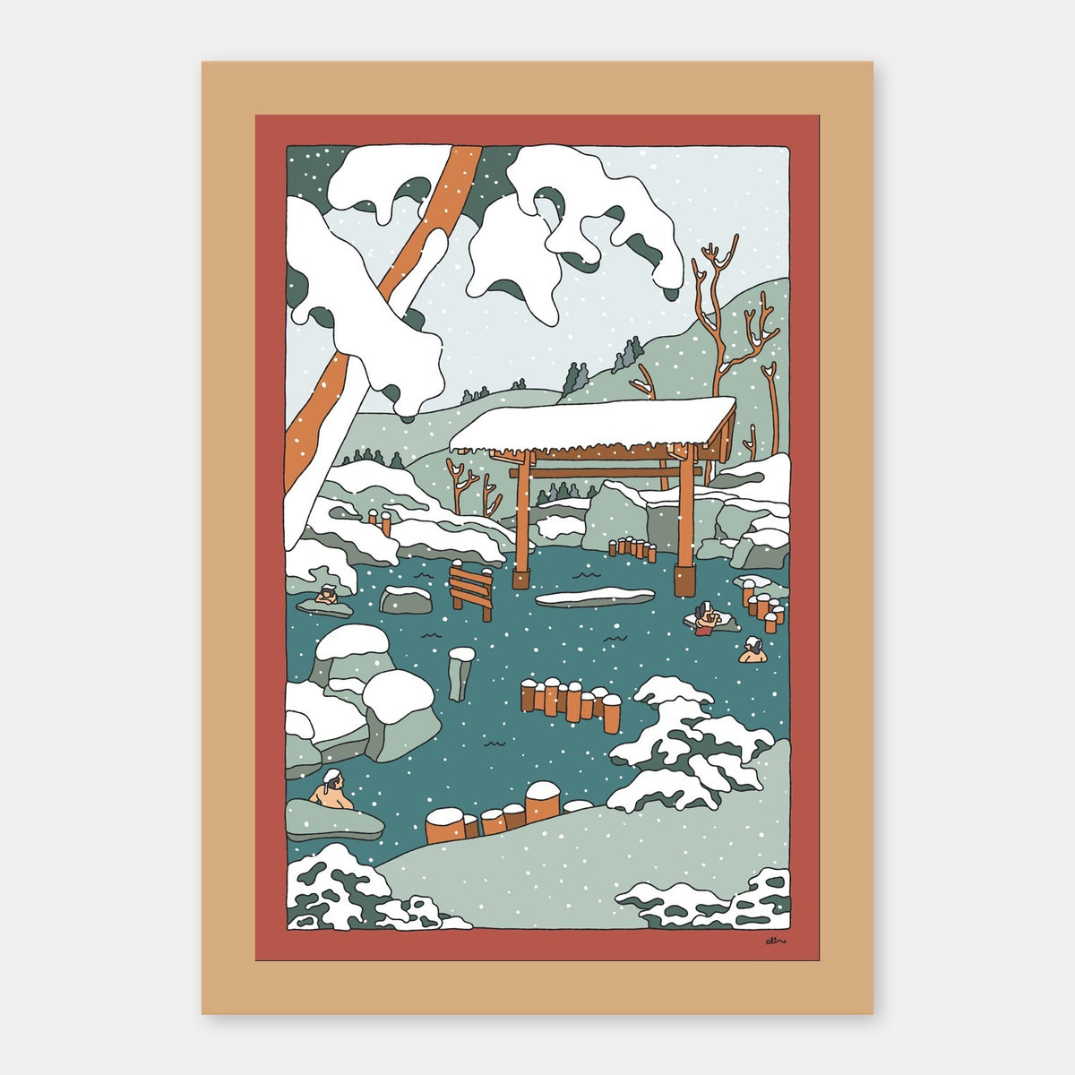 Onsen Alimo art print in a natural wood frame