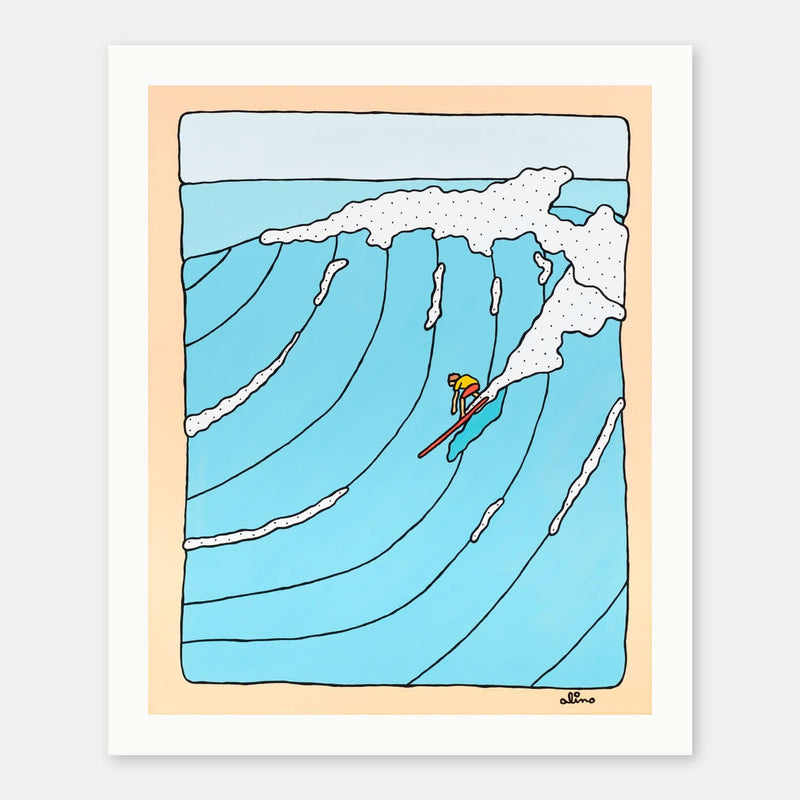 Open Air art print by Alimo in white frame, big wave surf illustration