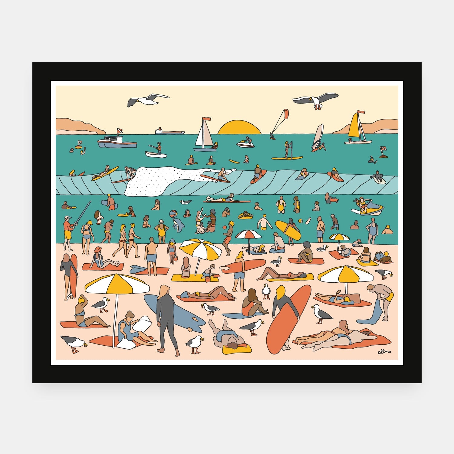 Opening Day art print by Alimo in black frame, coastal summer scene