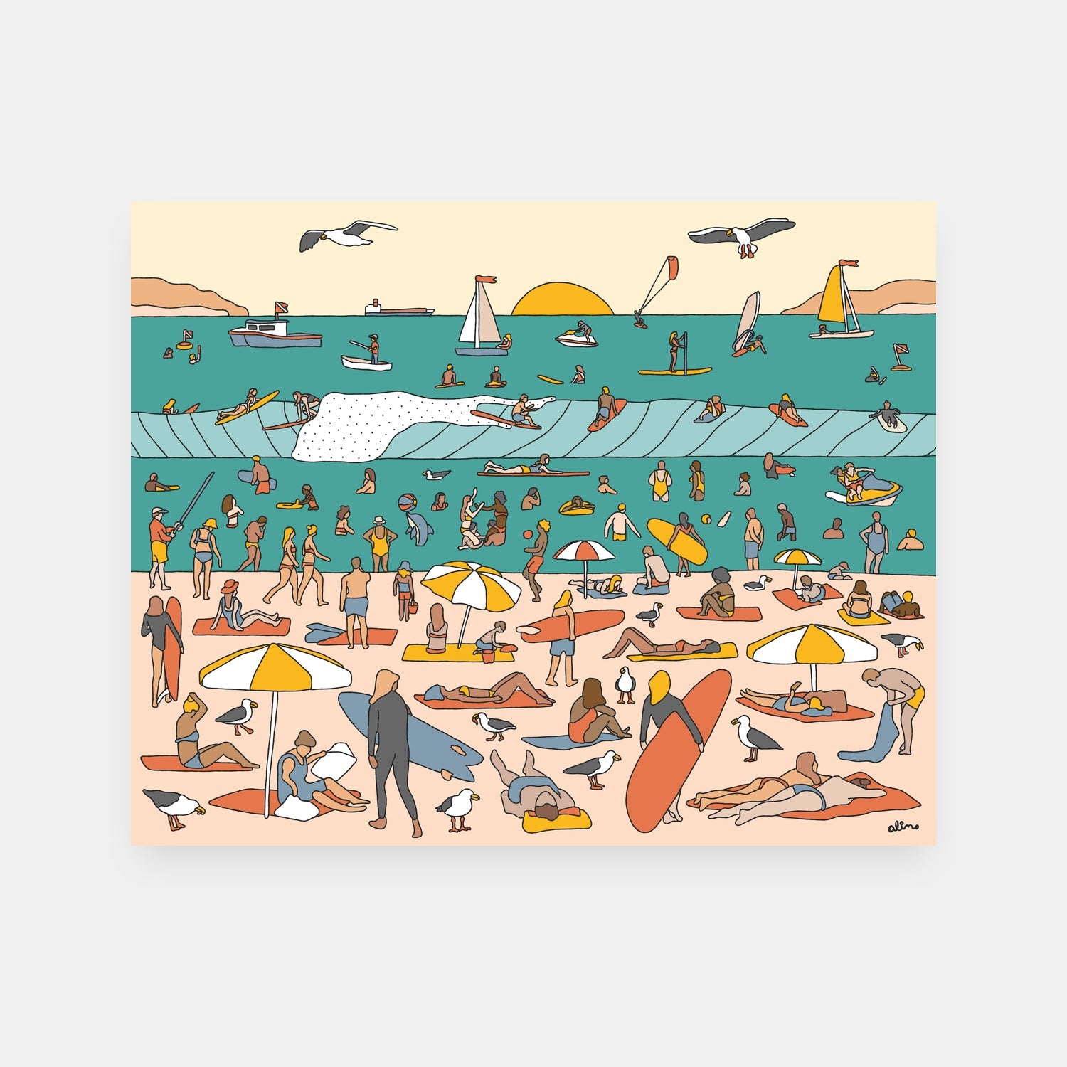 Opening Day surf art print by Alimo, colorful beach scene with swimmers and surfers