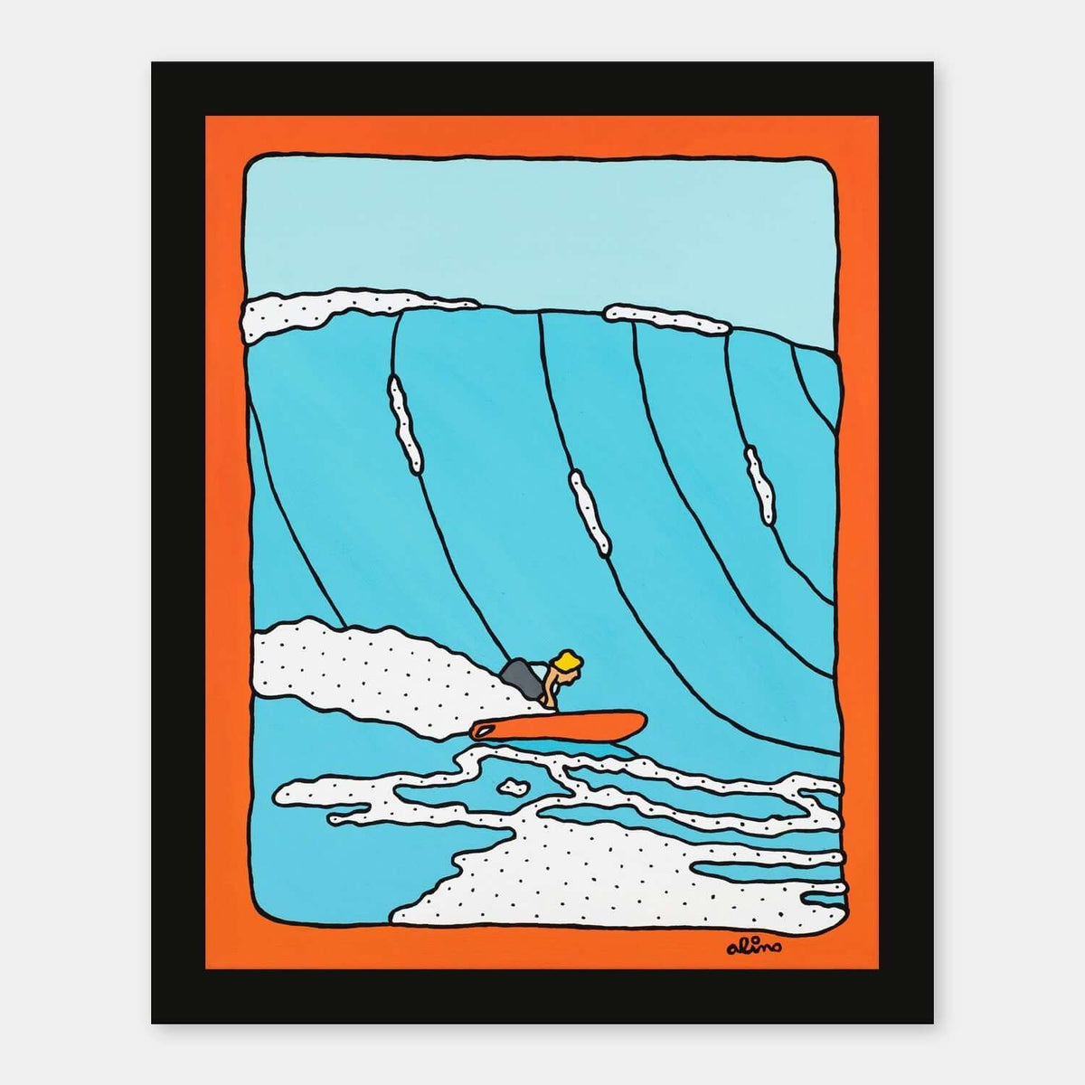 Orange Peel surf art print by Alimo in black wood frame, bold citrus toned coastal illustration. Ocean wall art for coastal home decor.