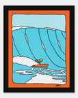 Orange Peel surf art print by Alimo in black wood frame, bold citrus toned coastal illustration. Ocean wall art for coastal home decor.