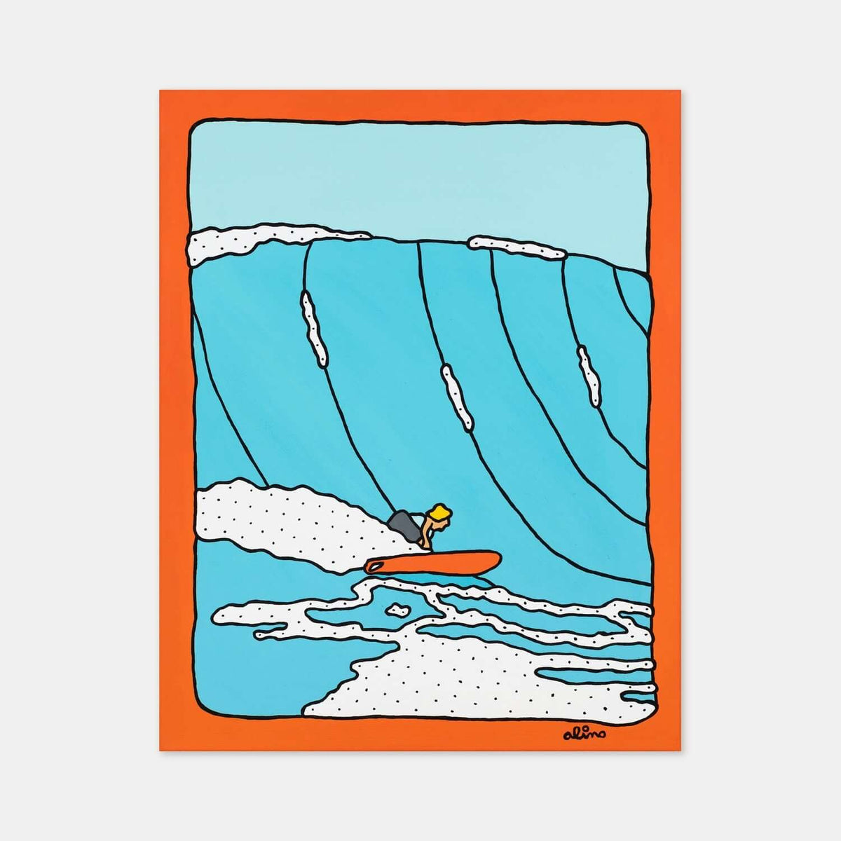 Orange Peel surf art print by Alimo, bold citrus toned coastal illustration. Premium ocean wall art for coastal home decor.