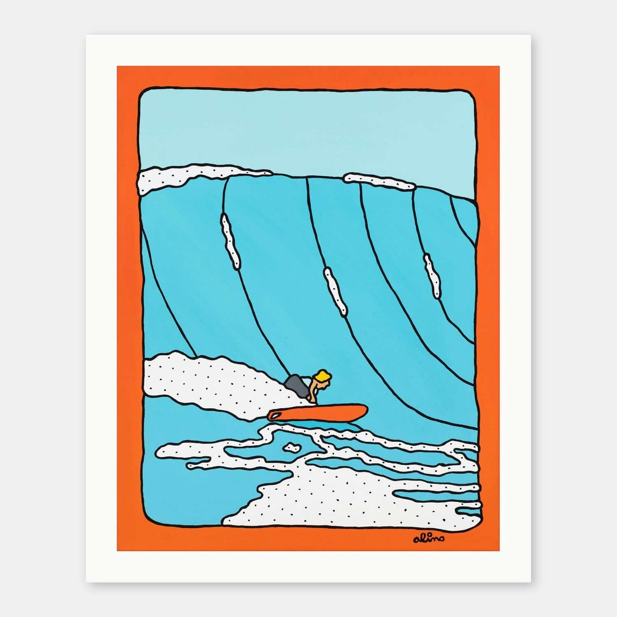 Orange Peel surf art print by Alimo in white wood frame, bold citrus toned coastal illustration. Ocean wall art for coastal home decor.
