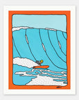 Orange Peel surf art print by Alimo in white wood frame, bold citrus toned coastal illustration. Ocean wall art for coastal home decor.