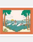 Party Time art print by Alimo in white frame, festive surf illustration