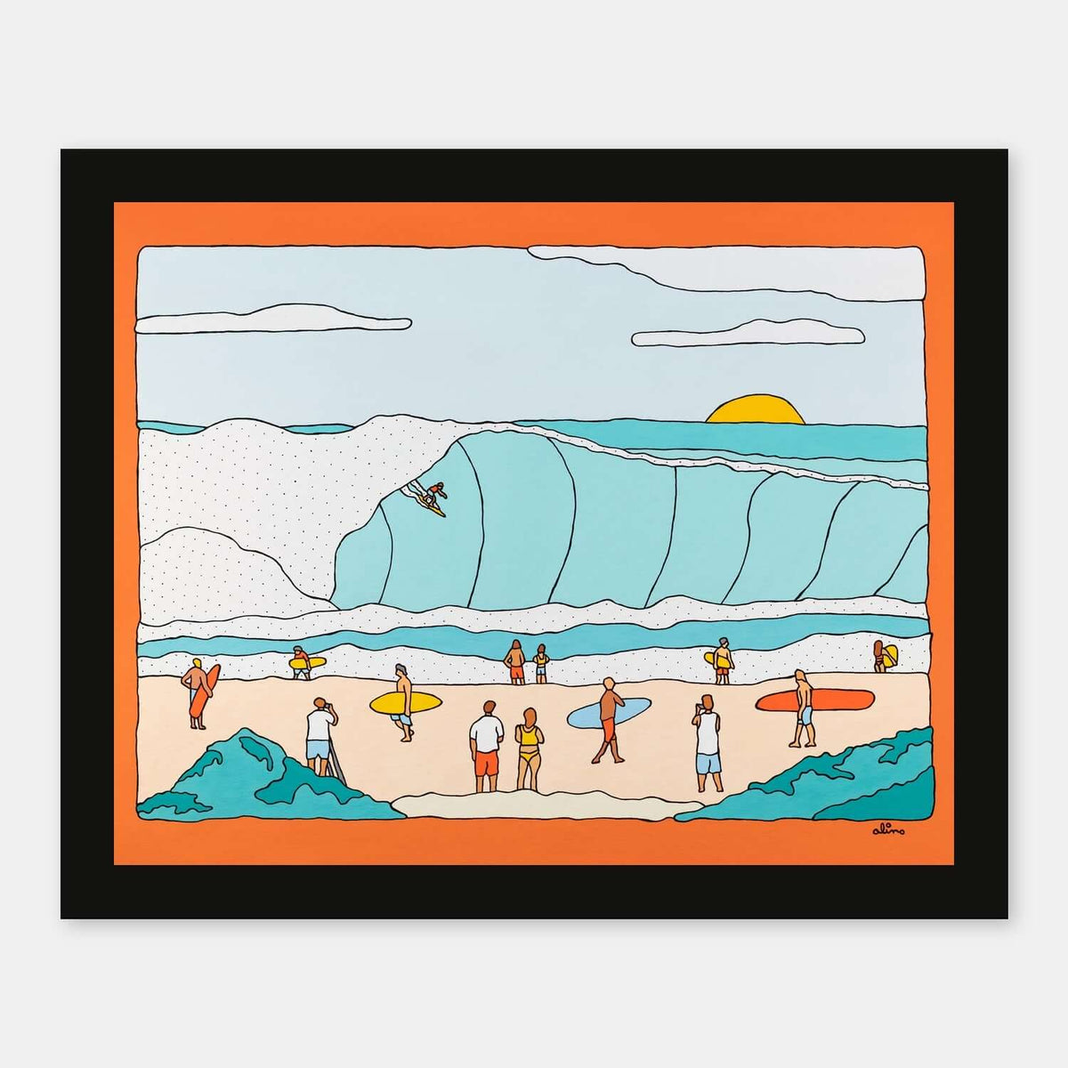 Pipe Eyes surf art print by Alimo in black wood frame, a view into a pumping Pipeline barrel. Ocean wall art for coastal home decor.