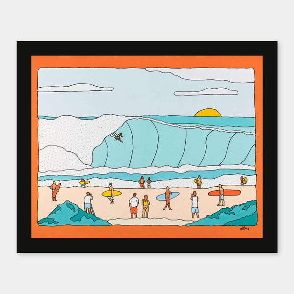 Pipe Eyes surf art print by Alimo in black wood frame, a view into a pumping Pipeline barrel. Ocean wall art for coastal home decor.