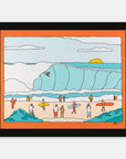 Pipe Eyes surf art print by Alimo in black wood frame, a view into a pumping Pipeline barrel. Ocean wall art for coastal home decor.
