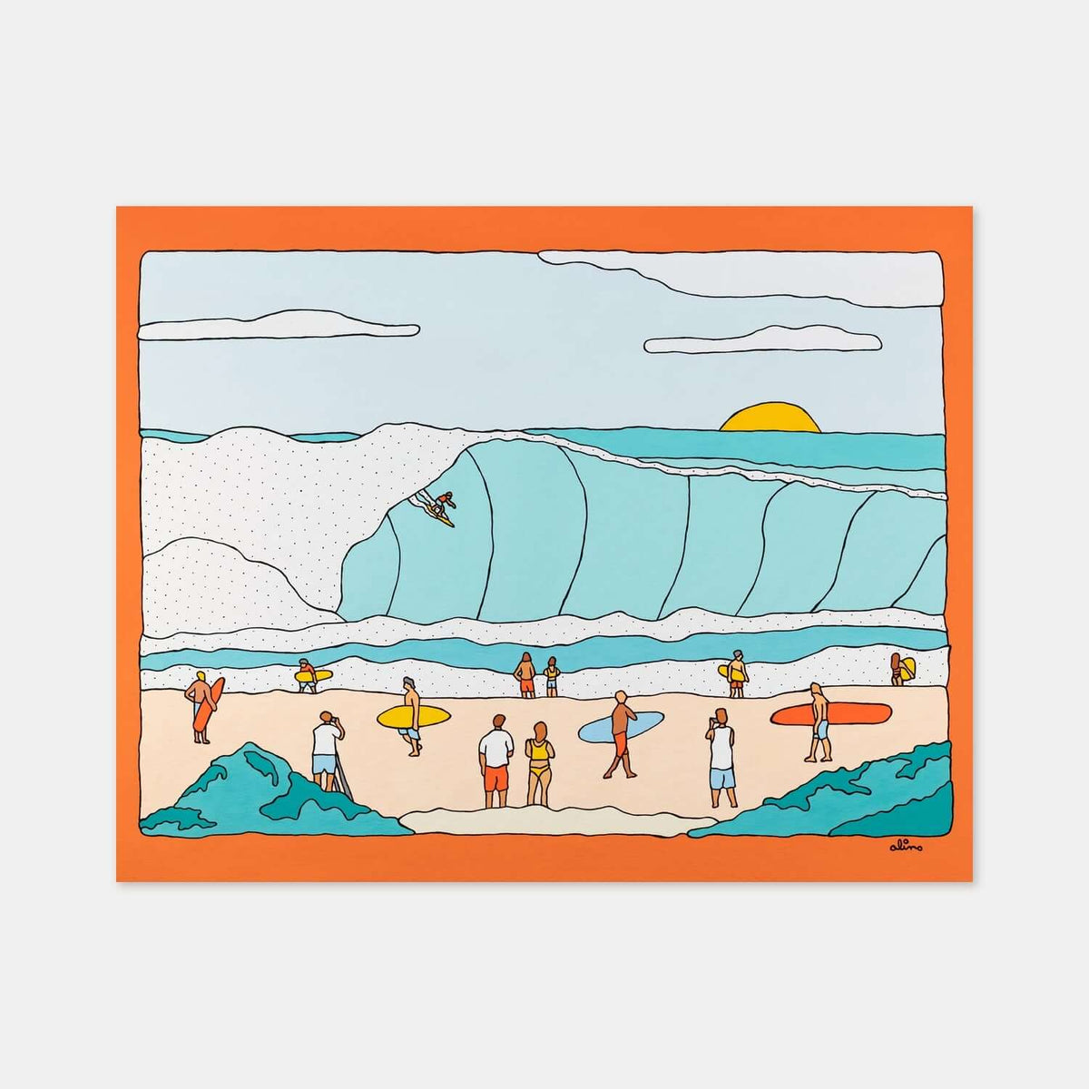 Pipe Eyes surf art print by Alimo, a view into a pumping Pipeline barrel. Premium ocean wall art for coastal home decor.