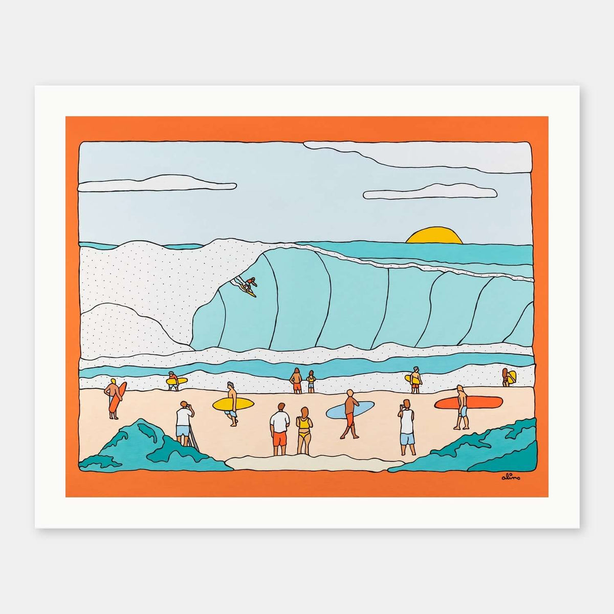 Pipe Eyes surf art print by Alimo in white wood frame, a view into a pumping Pipeline barrel. Ocean wall art for coastal home decor.