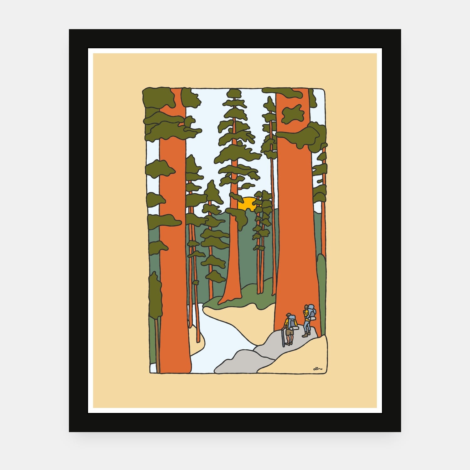 Redwood Road art print by Alimo in black frame, California redwood and surf scene