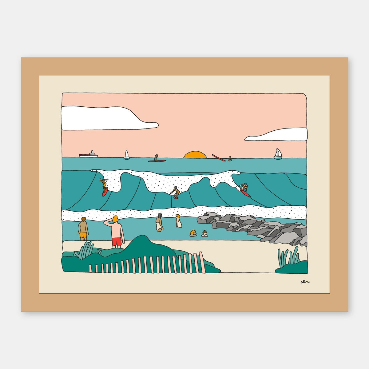 Rockaway Beach Alimo art print in a natural wood frame