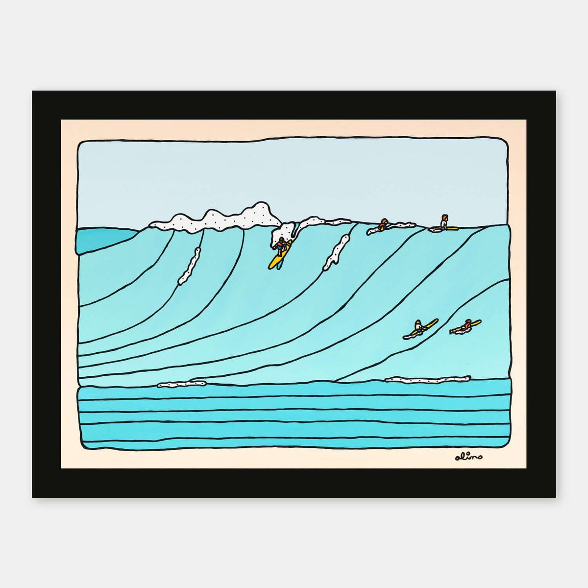 Sea Lines surf art print by Alimo in black wood frame, clean linework of rolling swells with surfers on the horizon. Ocean wall art for coastal home decor.