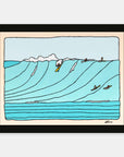 Sea Lines surf art print by Alimo in black wood frame, clean linework of rolling swells with surfers on the horizon. Ocean wall art for coastal home decor.