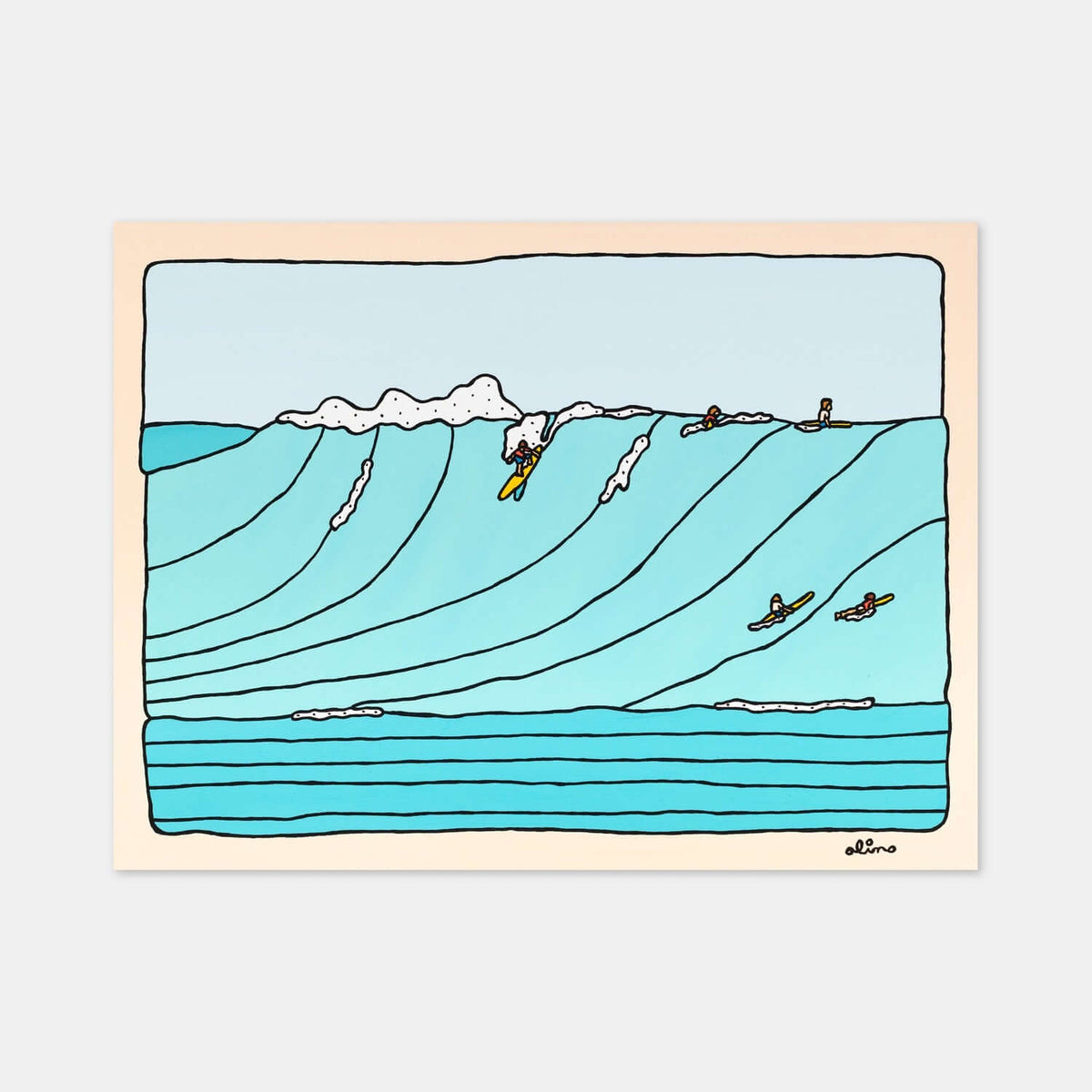 Sea Lines surf art print by Alimo, clean linework of rolling swells with surfers on the horizon. Premium ocean wall art for coastal home decor.