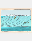 Sea Lines surf art print by Alimo, clean linework of rolling swells with surfers on the horizon. Premium ocean wall art for coastal home decor.