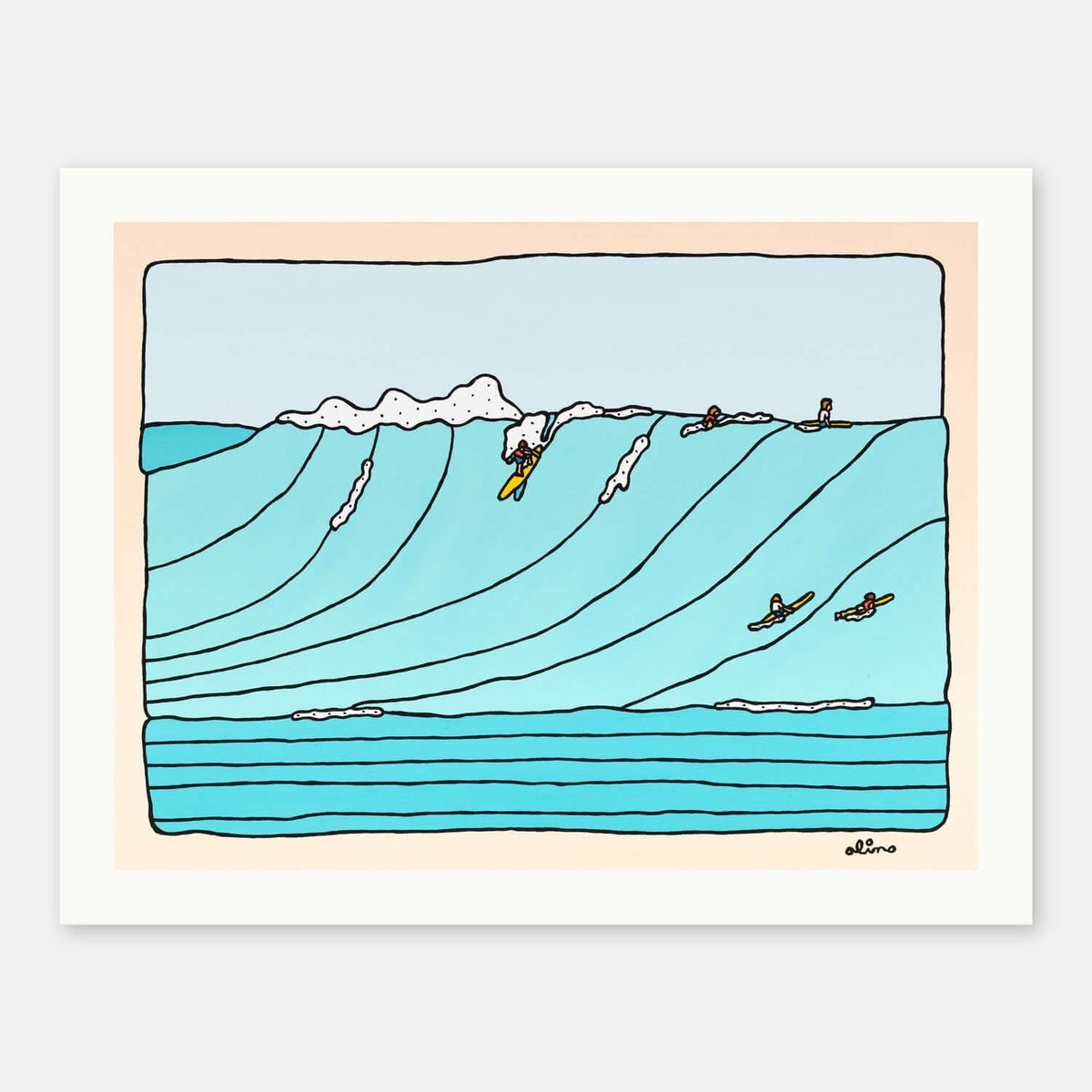 Sea Lines surf art print by Alimo in white wood frame, clean linework of rolling swells with surfers on the horizon. Ocean wall art for coastal home decor.