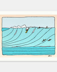 Sea Lines surf art print by Alimo in white wood frame, clean linework of rolling swells with surfers on the horizon. Ocean wall art for coastal home decor.