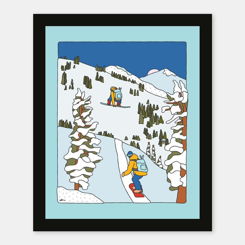 Side Hits art print by Alimo in black frame, splitboarding illustration
