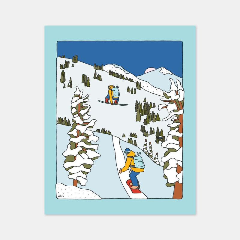 Side Hits snowboard art print by Alimo, colorful mountain terrain scene