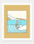 Slow is Fast art print by Alimo in white frame, relaxed surf illustration