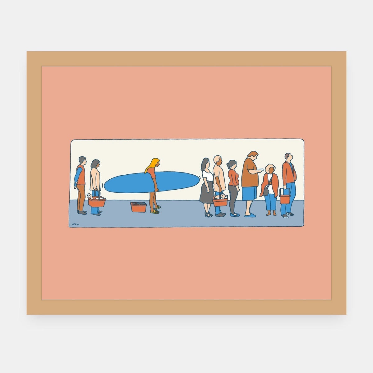 Social Distancing Alimo art print in a natural wood frame