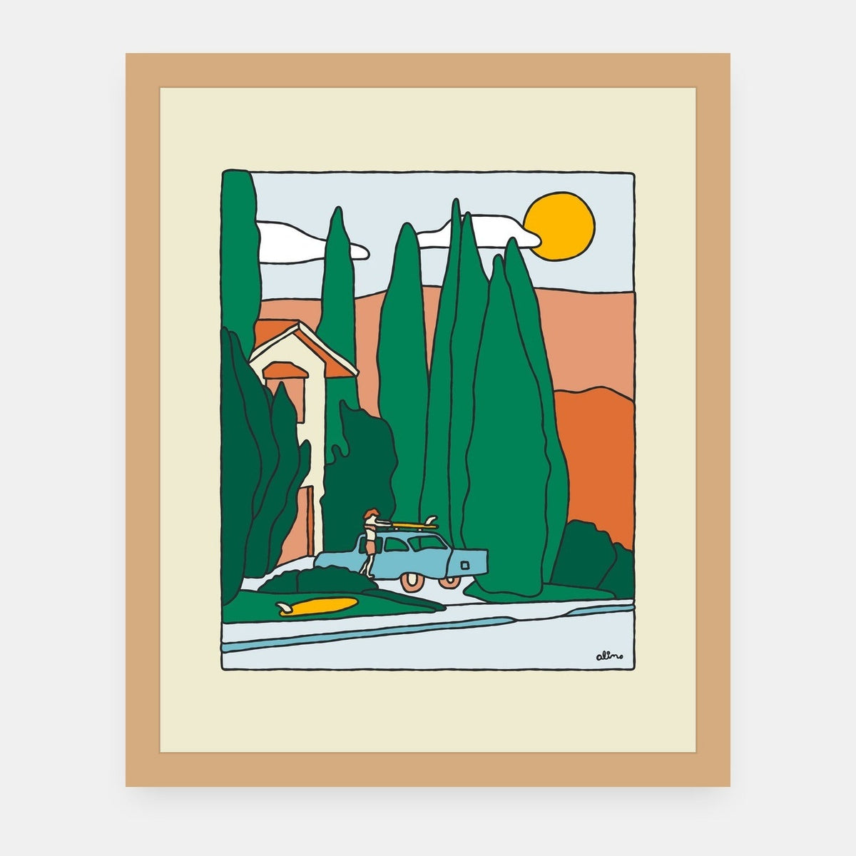 Suburb Life Alimo art print in a natural wood frame