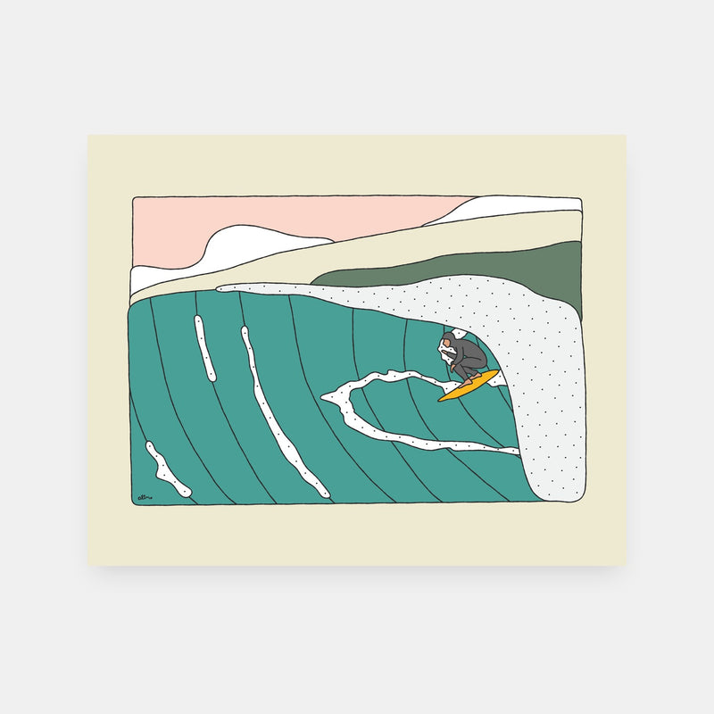 Summer Sessions surf art print by Alimo, colorful beach getaway scene