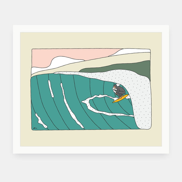 Summer Sessions art print by Alimo in white frame, summer surf illustration