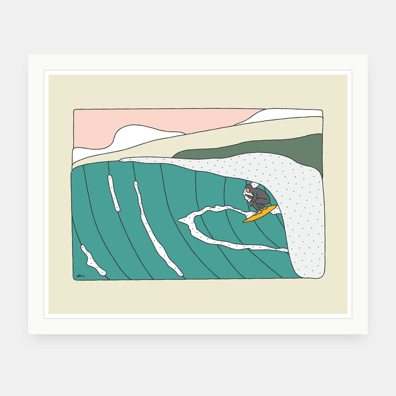 Summer Sessions art print by Alimo in white frame, summer surf illustration