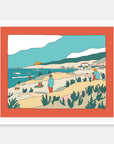 Sunset Sessions art print by Alimo in white frame, sunset coastal walk illustration