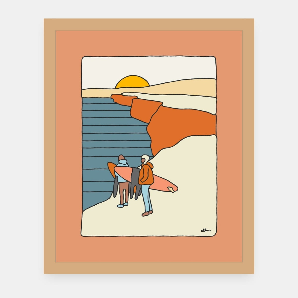 Sunset Sessions Alimo art print in a natural wood frame