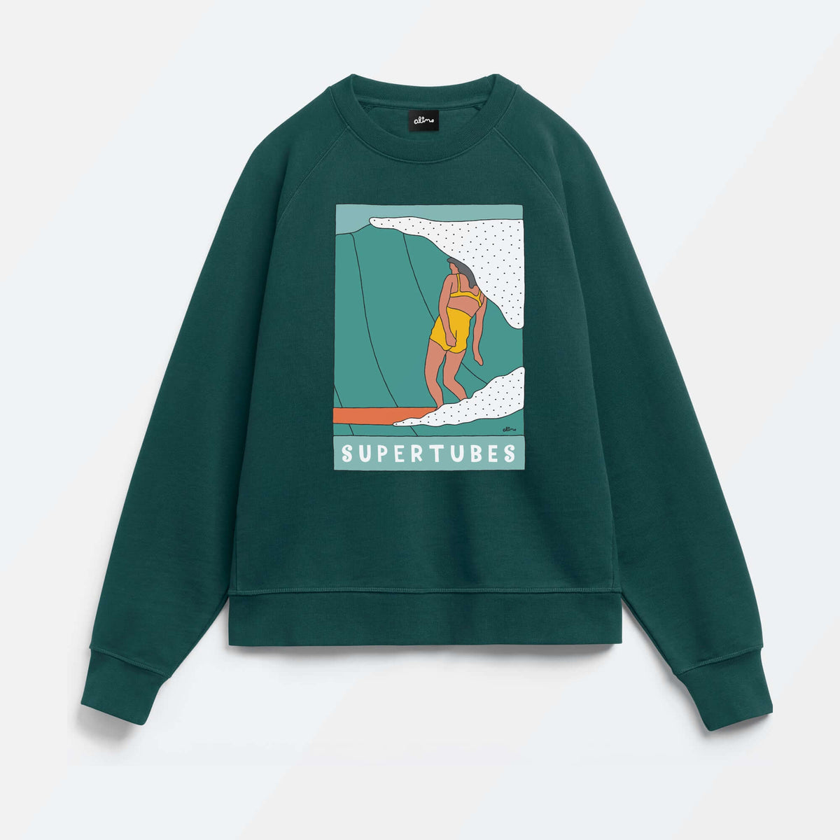 Supertubes organic French terry crewneck sweatshirt with Alimo surf artwork