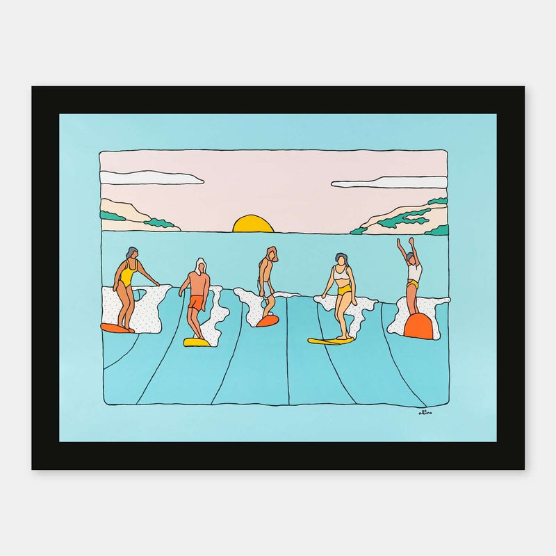Tropical Life art print by Alimo in black frame, surf pals catching a wave together