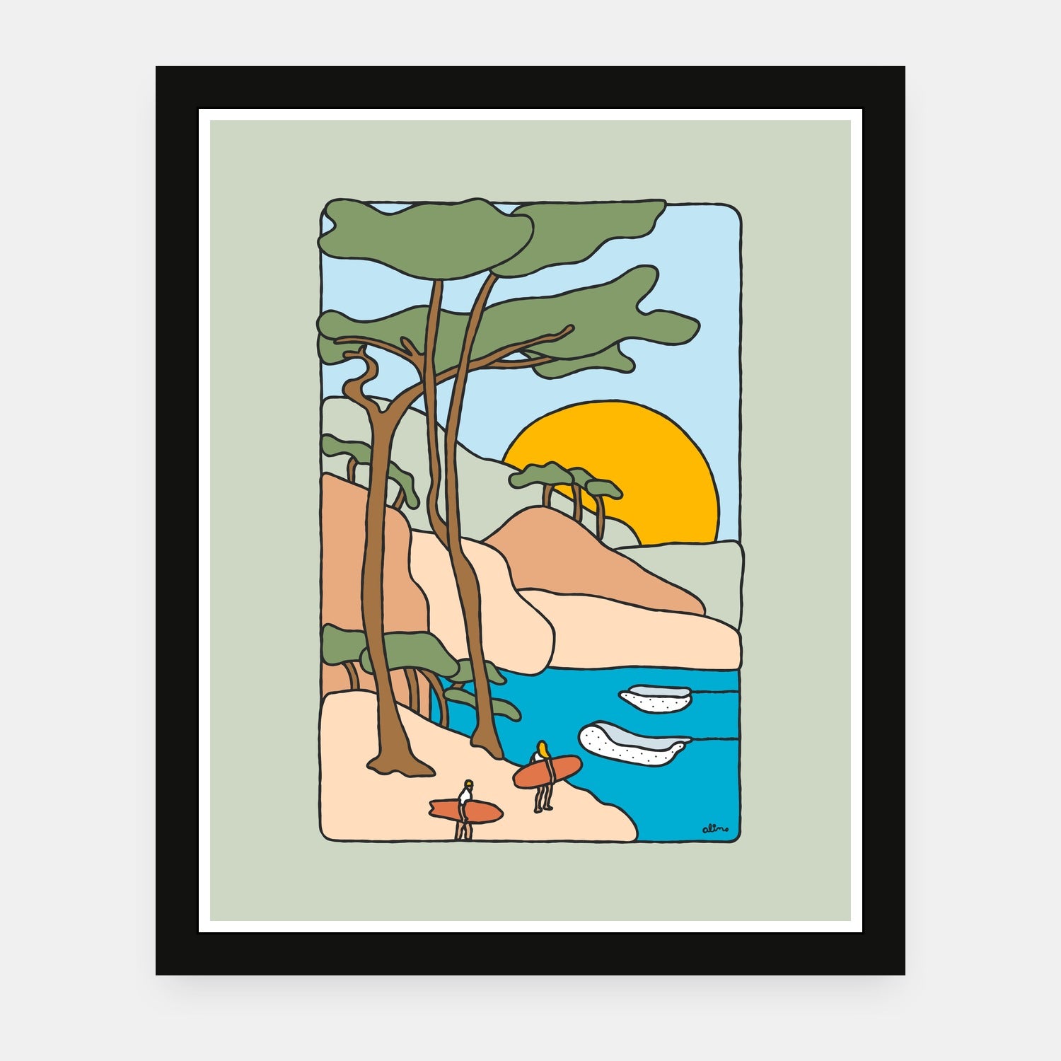 Out for Our Own Fun art print by Alimo in black frame, outdoor adventure scene