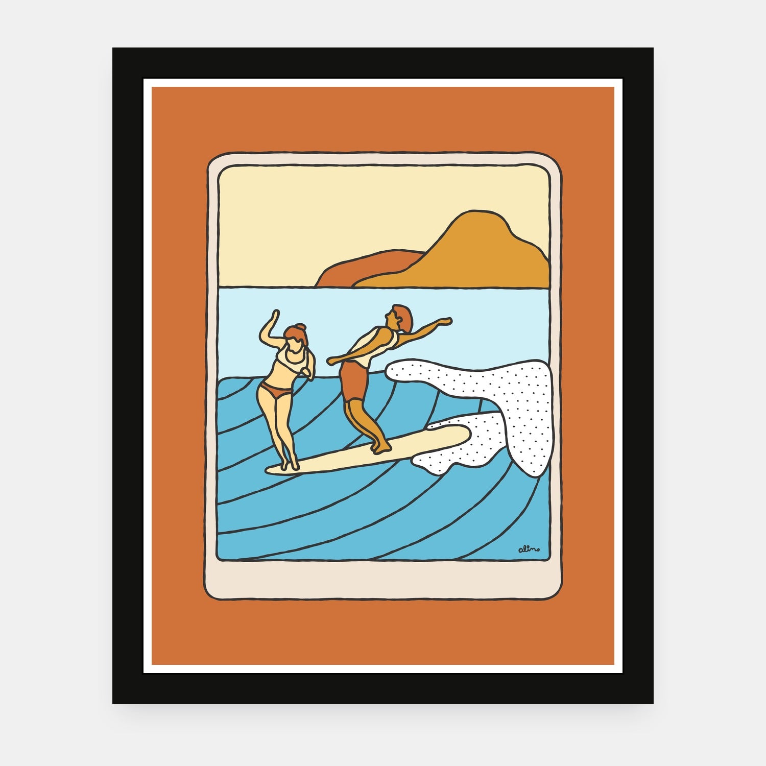Weekend Coffee art print by Alimo in black frame, surf morning scene
