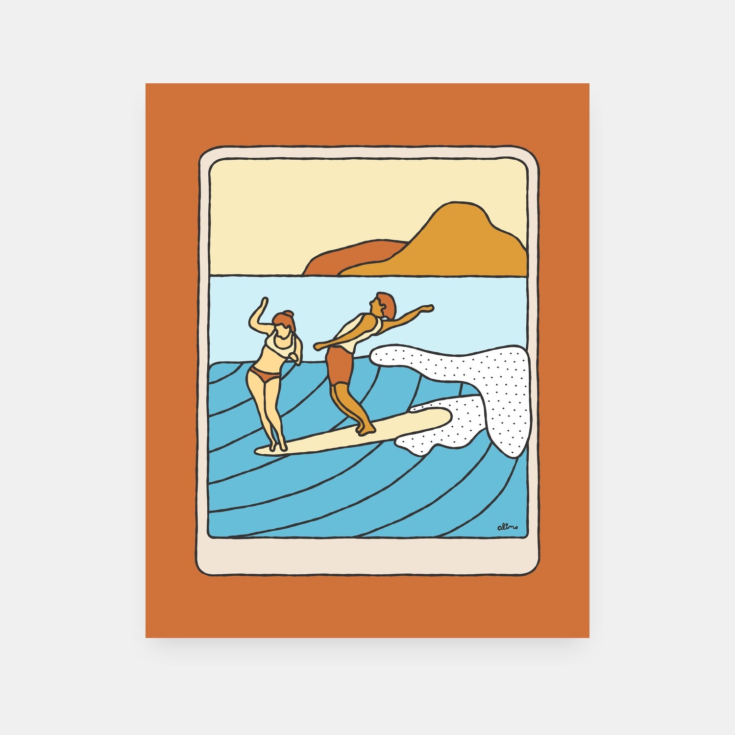 Weekend Coffee Is The Best surf art print by Alimo, morning coffee and beach scene