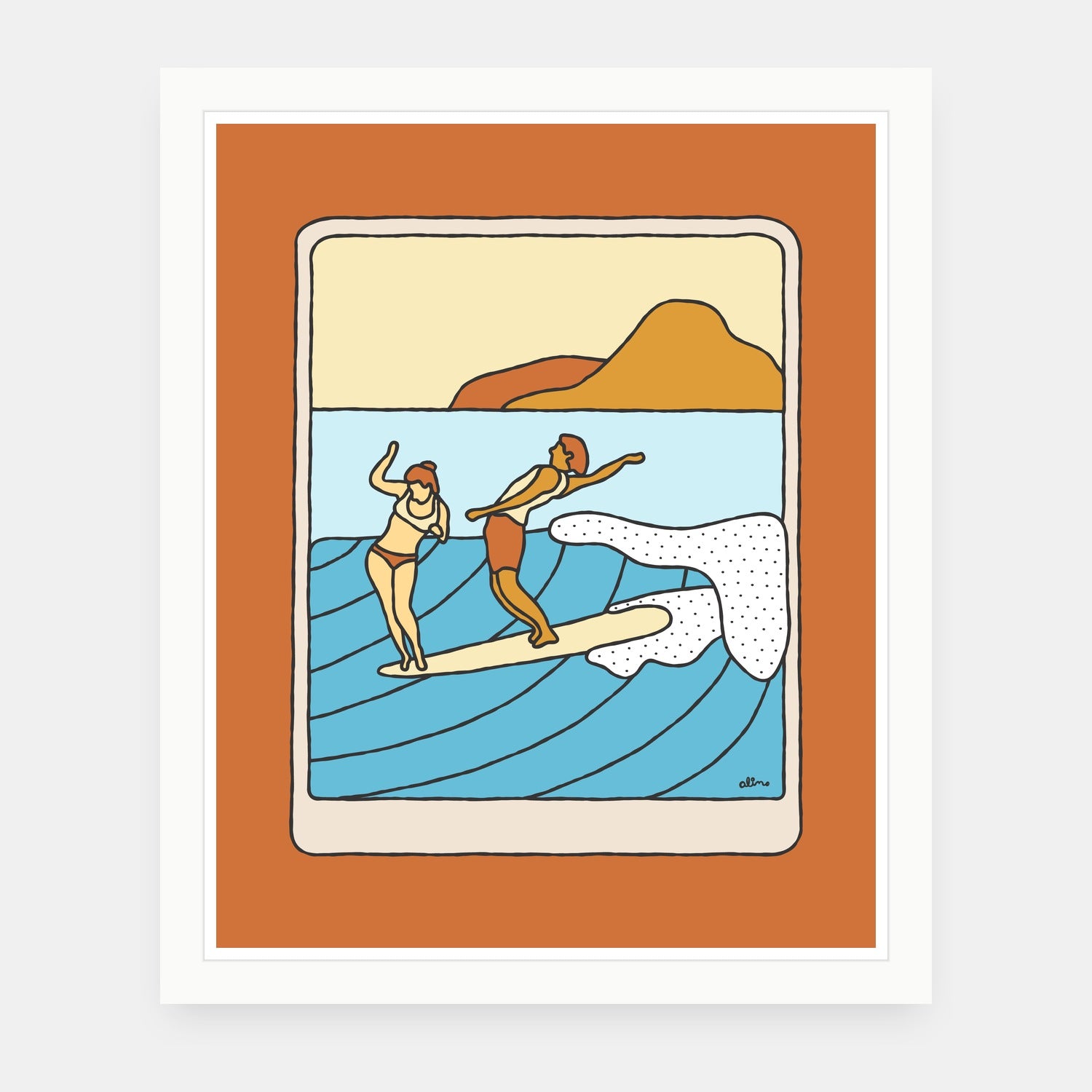 Weekend Coffee art print by Alimo in white frame, weekend vibes illustration
