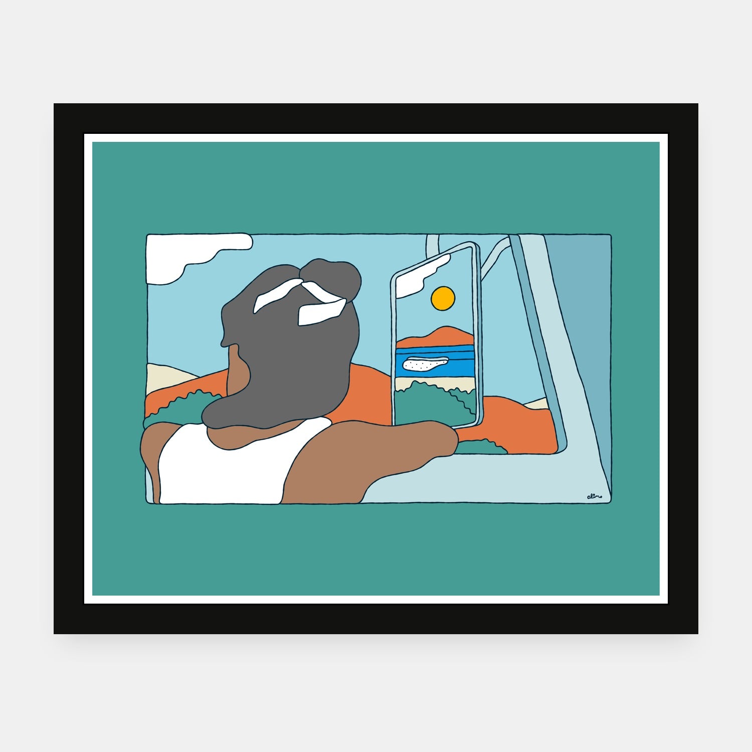 What A Session art print by Alimo in black frame, surfing celebration scene