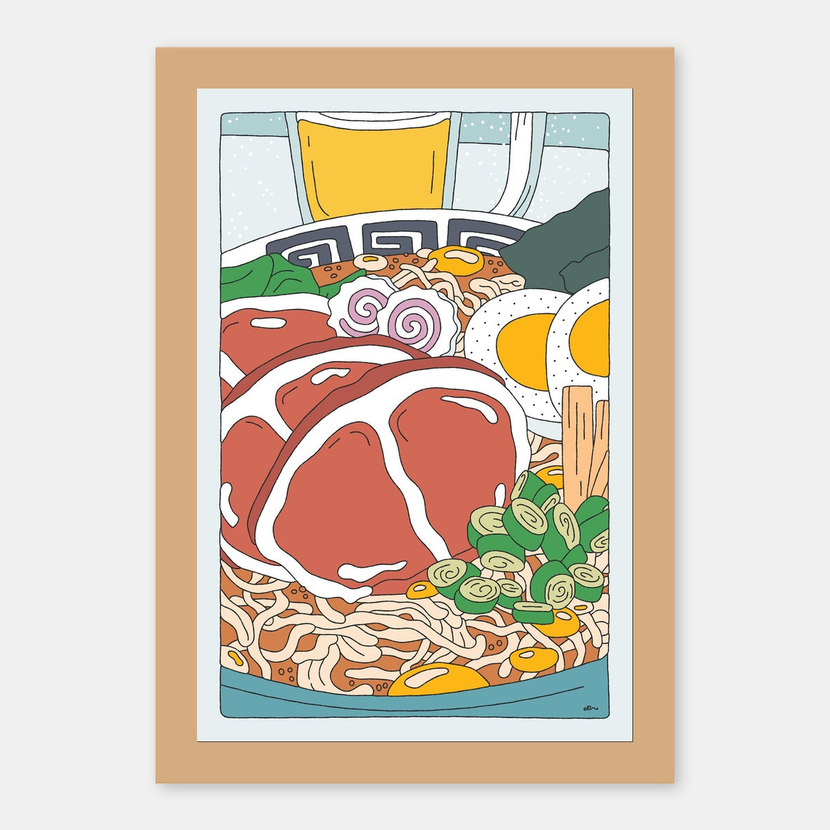 Yudetate Ramen Alimo art print in a natural wood frame