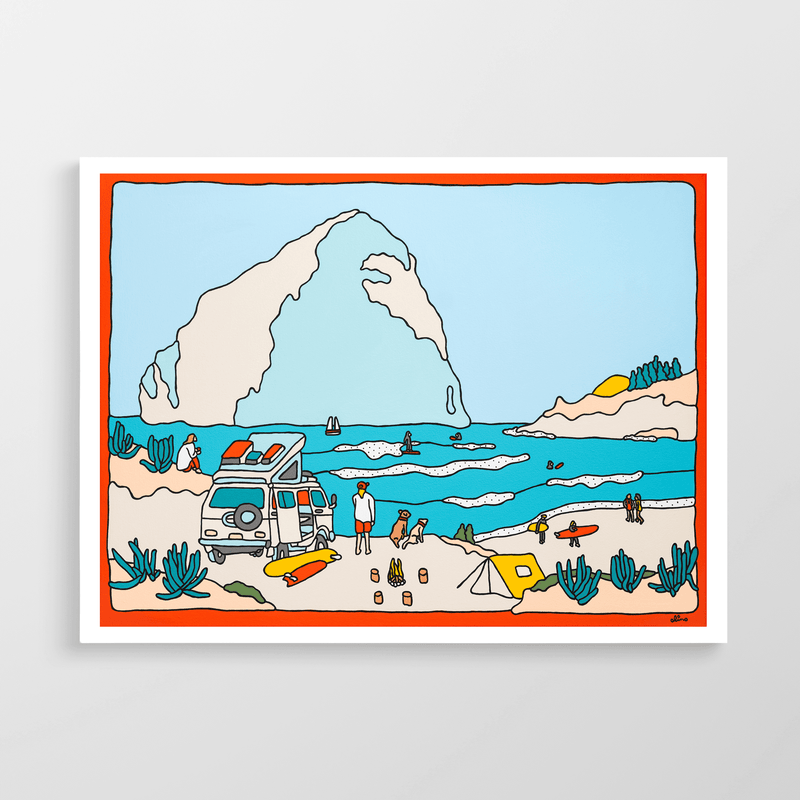Premium surf art print depicting a vibrant beach scene with a camper van, surfers, and coastal landscape.