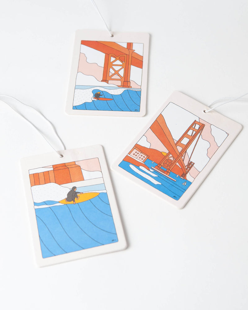 SF air freshener by Alimo, eucalyptus scent, Golden Gate illustration